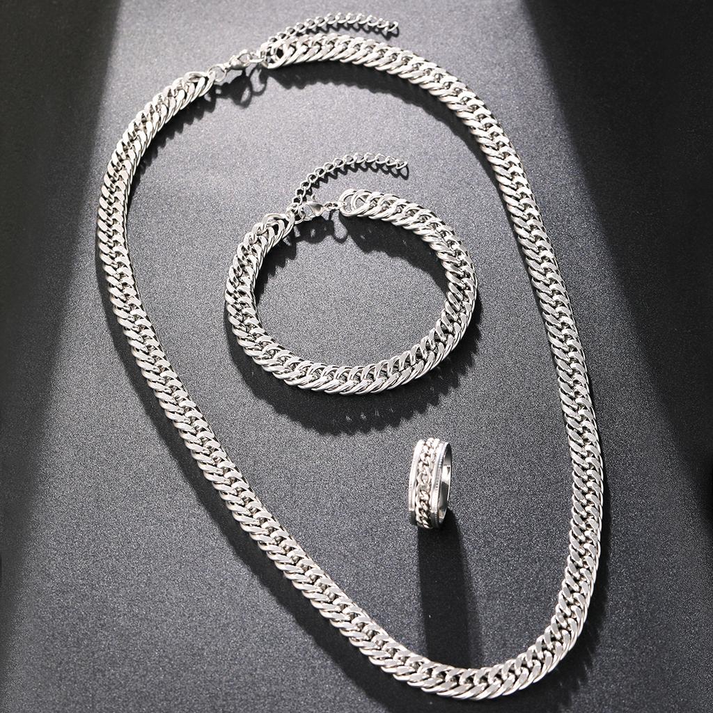 Trendy Stainless Steel Cuban Chain Bracelet Necklace Ring Set For Men Women Minimalist Silver Color Hip Hop Party Jewelry Sets