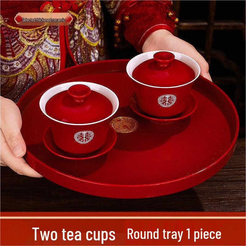 Complete Wedding Tea Cups Set: Red Bowls with Lids & Chopsticks for Joyful Occasions