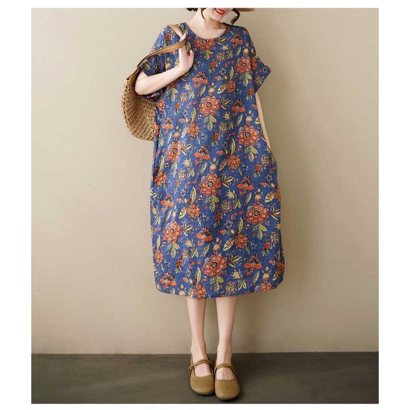 Sommer Dünnes Baumwoll- und Leinen Retro Midilanges Kleid mit Femininen Temperament