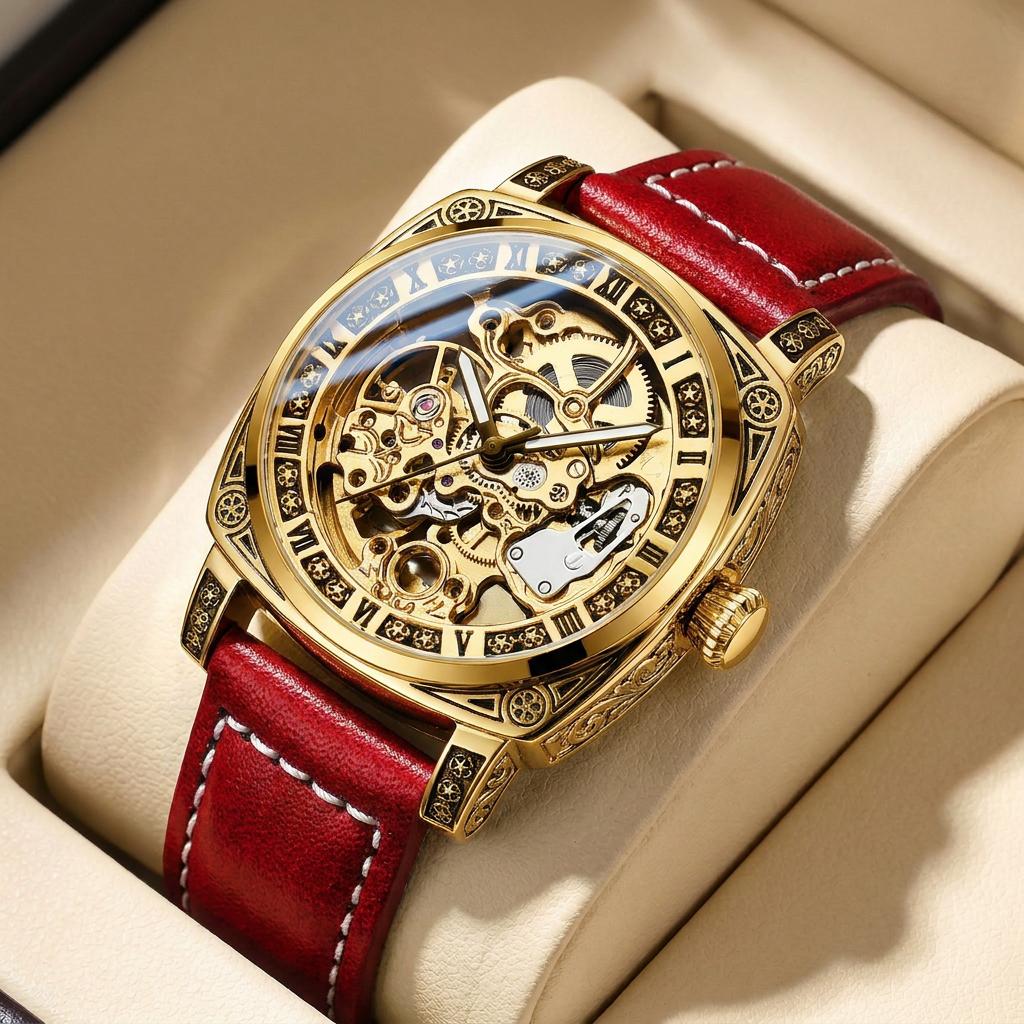 1pcs Men's Gold Dial Leather Strap Vintage Fashion Skeleton Gear Luxury Details Mechanical Watch for Daily Business Party Holida