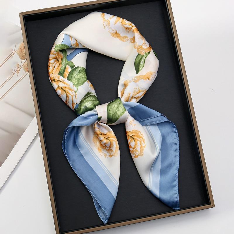 68cm Peach Blossom Printed Scarf Women's Spring and Summer Thin Imitation Silk Scarf Fashion Temperament Scarfs Headscarf Shawl