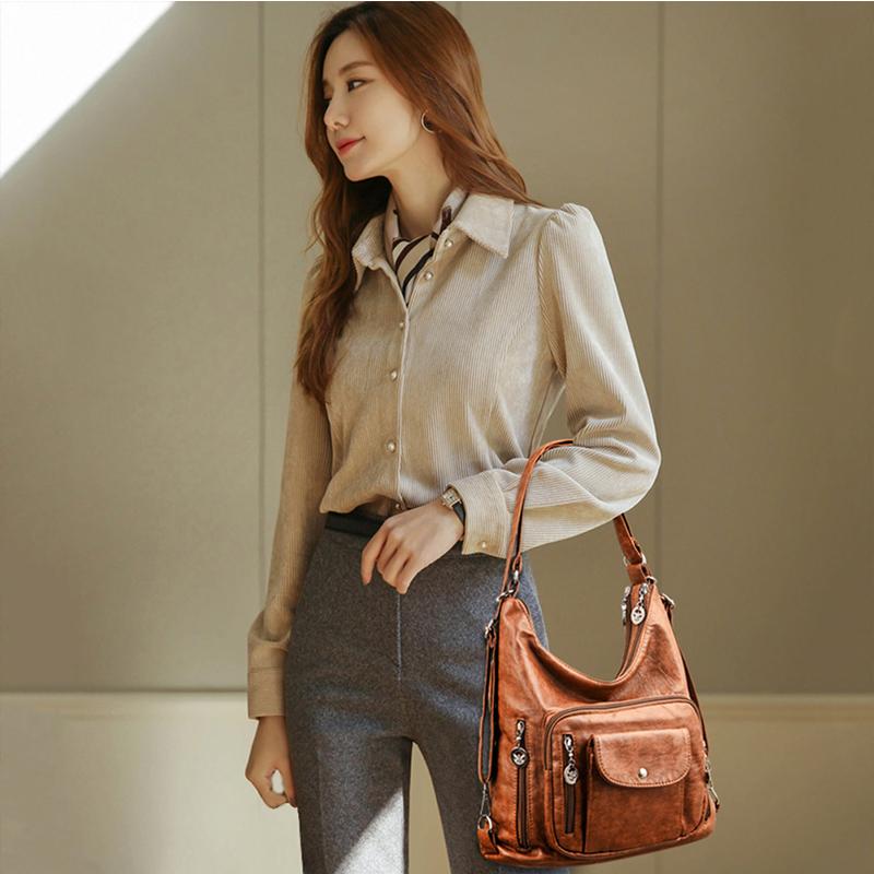 Retro Deri Omuz Çantası Kadın Çok cepli Crossbody Çanta Moda Büyük Kapasiteli Çanta Yeni Messenger Çanta Tote