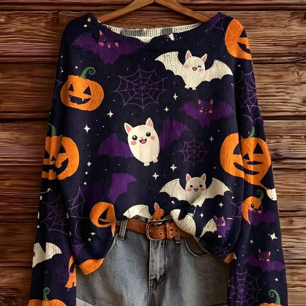 Women's New Halloween Pumpkin Bat Cat Pattern Top Halloween Christmas Atmosphere Daily Wear