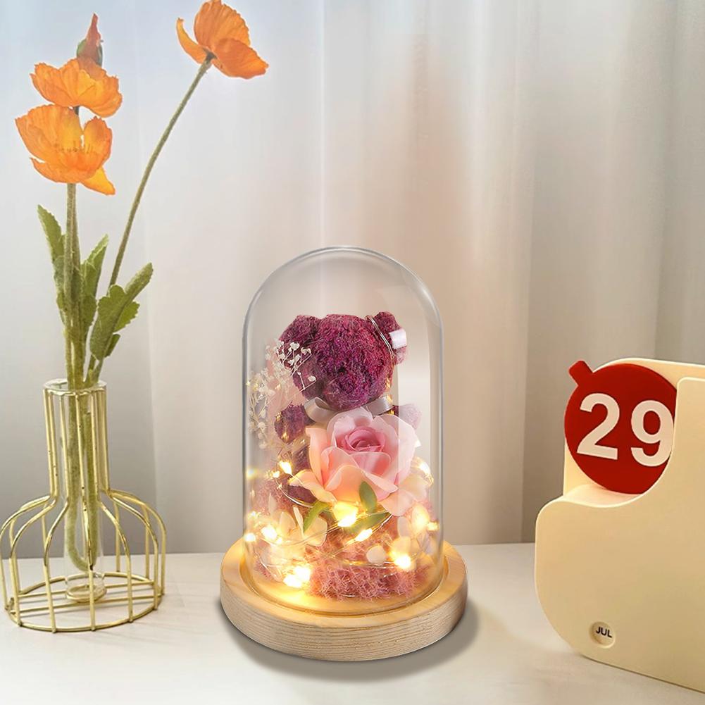 Ewige Konservierte Rose mit LED-Licht Rose Niedlicher Teddybär im Glas Süßer Bär Ewige Rose im Glas Freundin Valentinstagsgeschenk