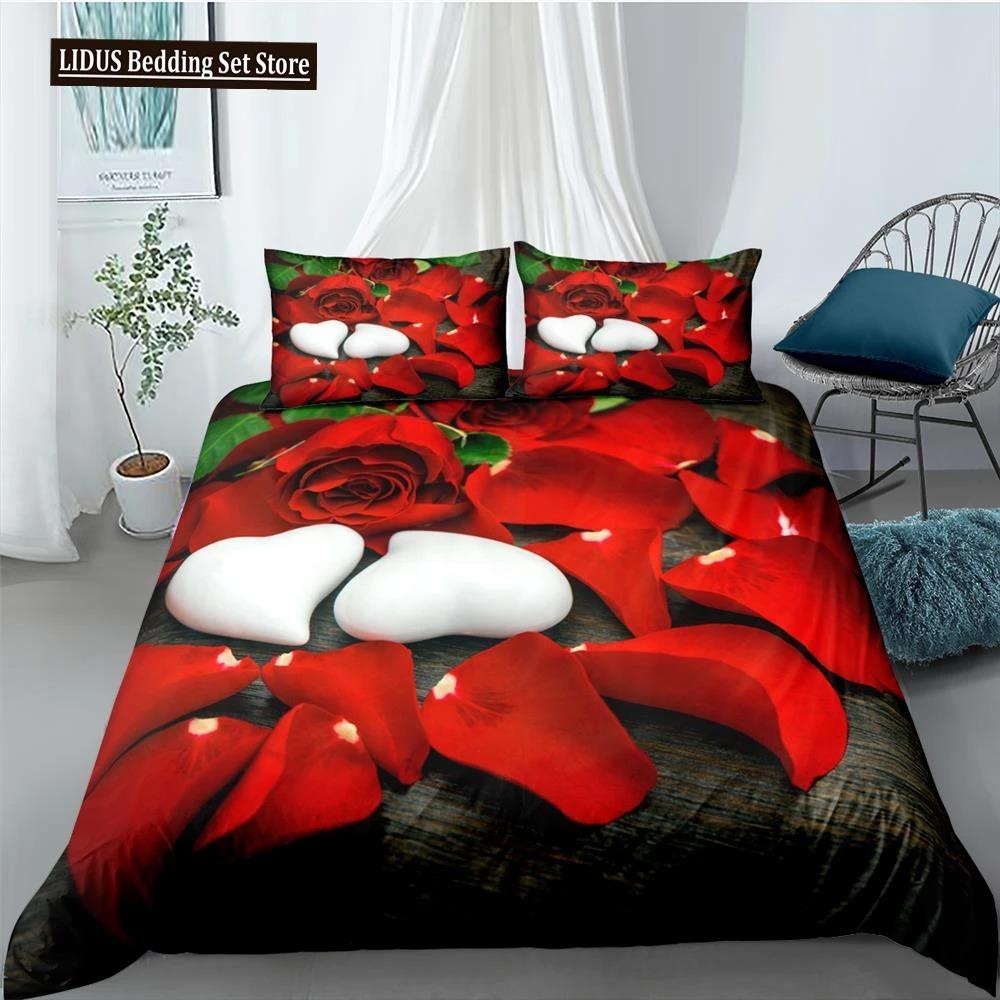 

Комплект постільної білизни з трояндами Червоно-білий комплект постільної білизни з трояндами для пари закоханих Поліестерова ковдра Чохол Подарунок на День святого Валентина Розмір Кінг US King 264x228cm