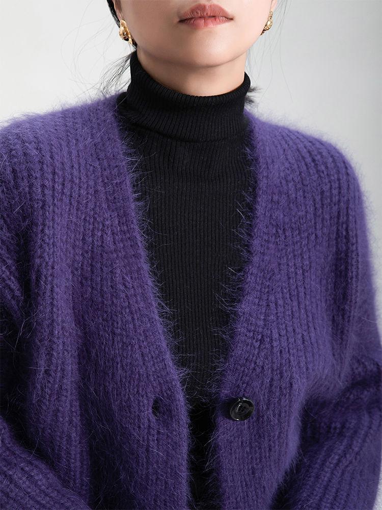 European & American Style Purple Faux Mink Velvet V-Neck Long-Sleeve Knitted Cardigan Sweater