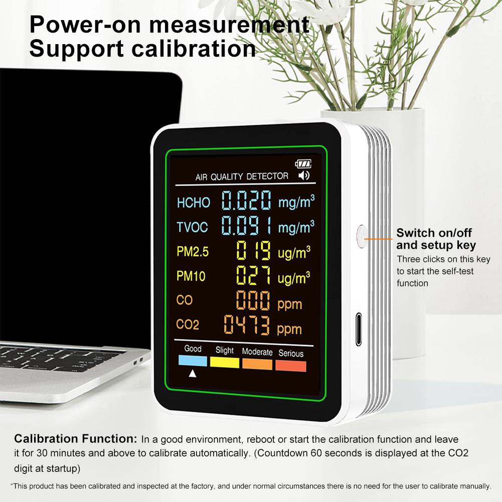 6 in 1 Air Quality Detector Household CO2 TVOC CO HCHO PM10 PM2.5 Monitor Office Wall Hanging LCD Display Air CO2 Detector