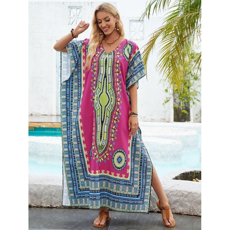 

Fashion New V-neck Loose Bikini Cover Beach Holiday Dress Rose Red One size