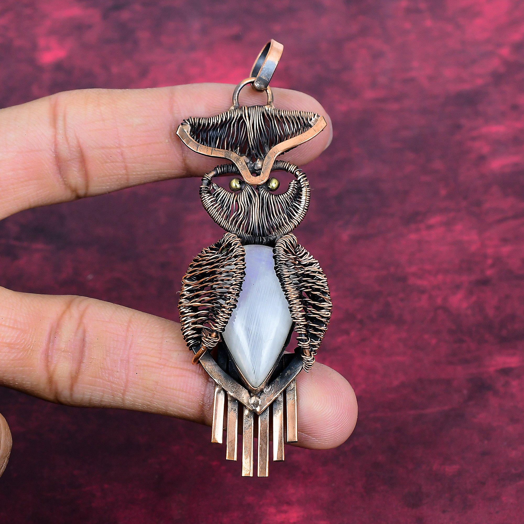 Rainbow Moonstone Pendant Copper Wire Wrap Decent Jewelry Owl Gemstone Pendant