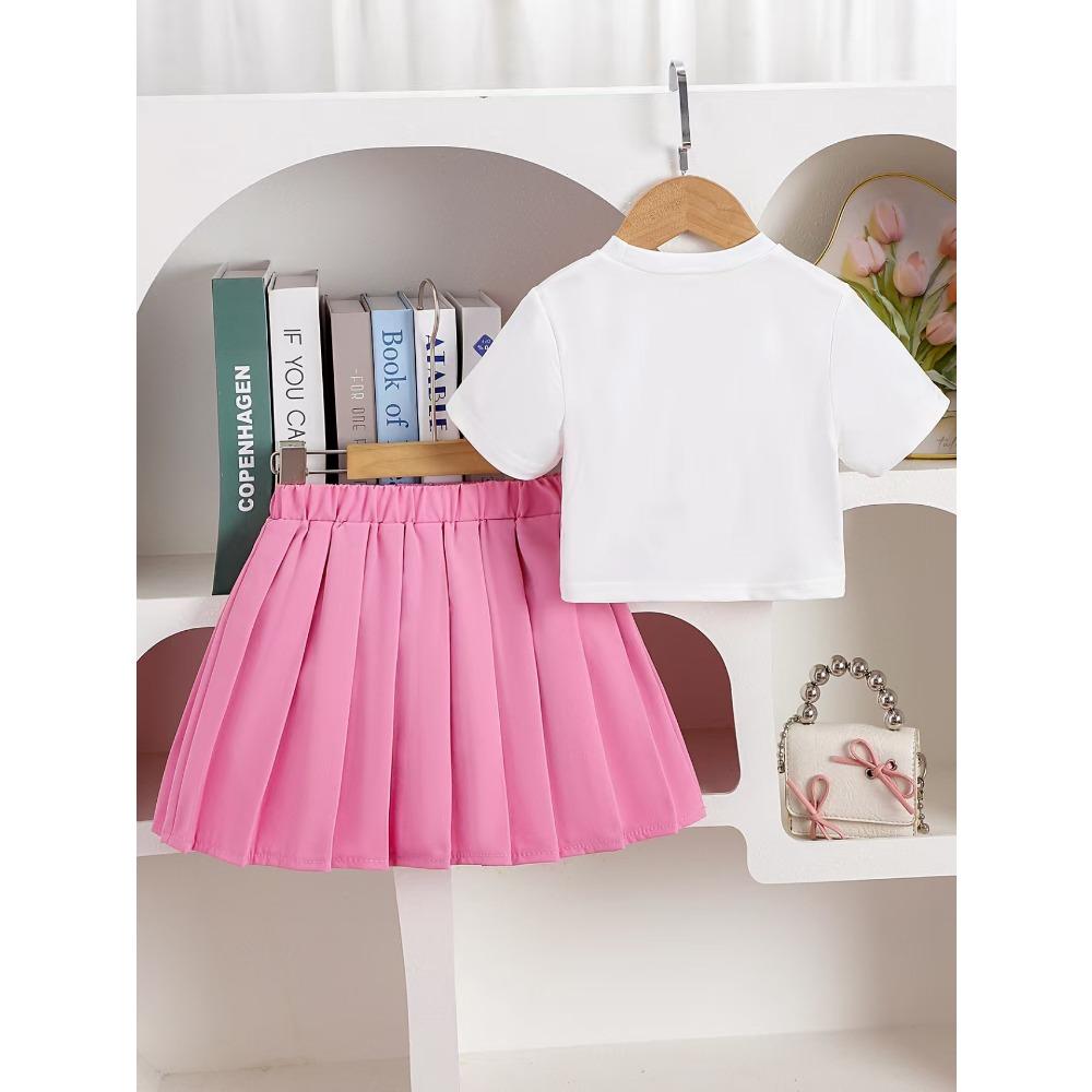 4-7Y Children's Clothing Love Bow Beige Top + Pink Pleated Skirt Set Kids Set Girl Gress