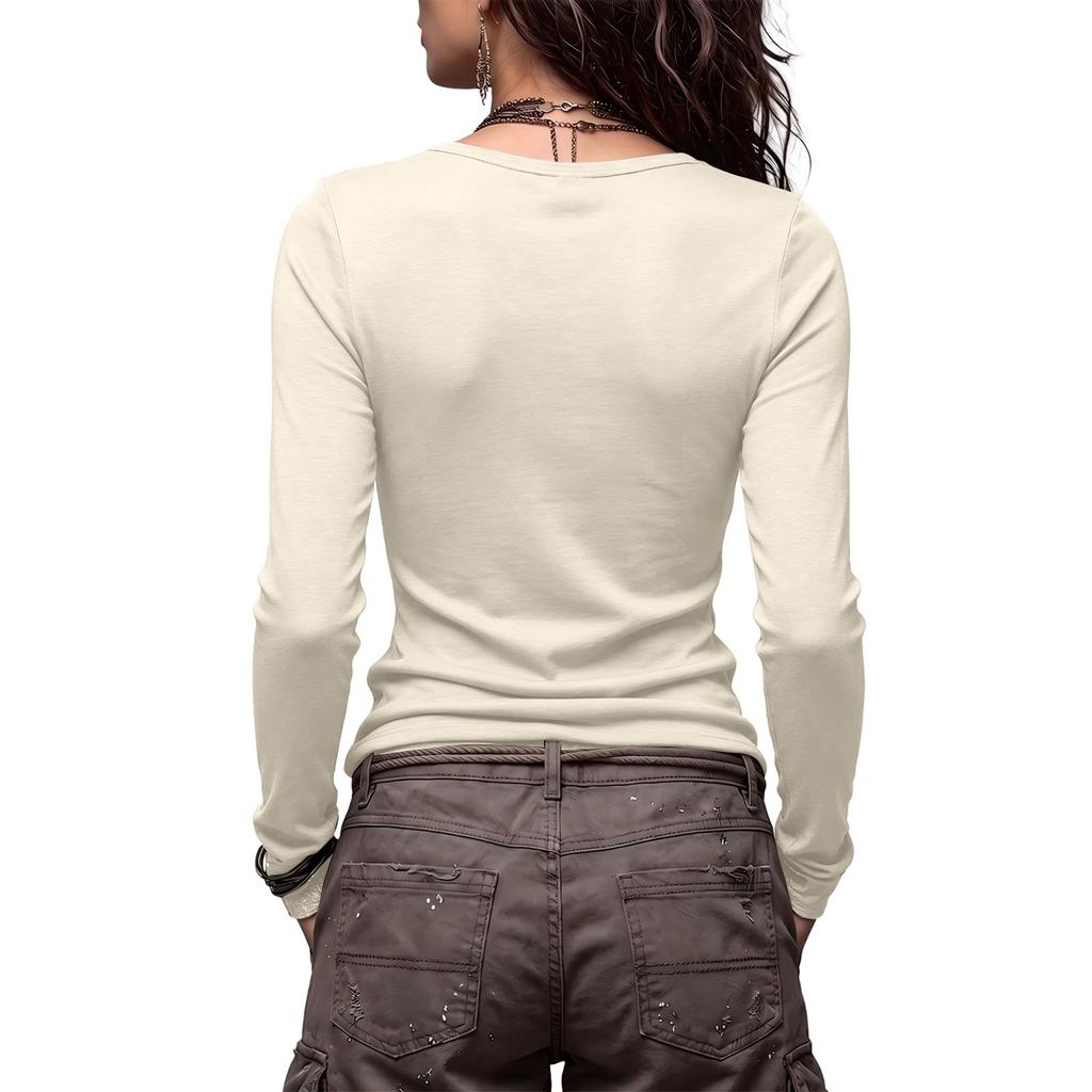 T-shirt décontracté à col en V, manches longues, plissé, pour femme