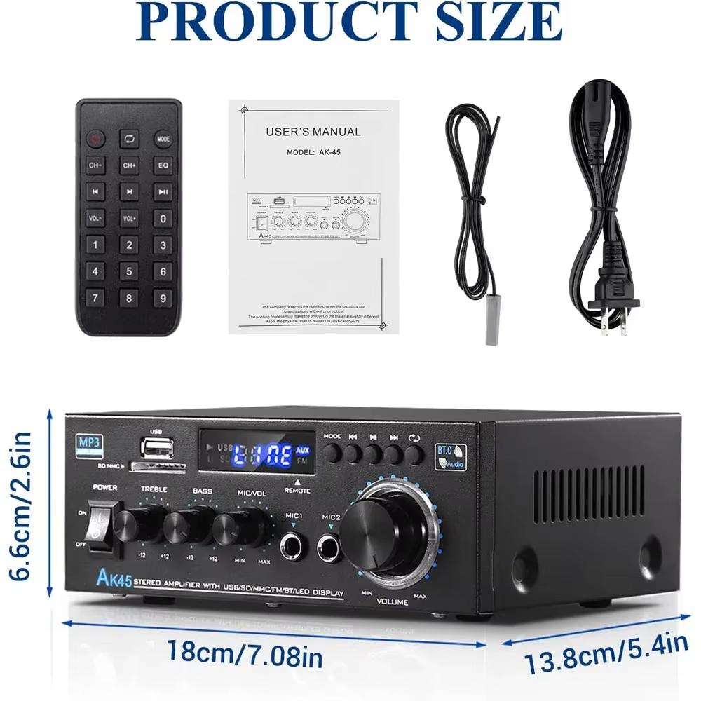 AK45 Zosilňovač výkonu HiFi Stereo zosilňovač Kanál 2.0 Maximálny výkon 90Wx2 Bluetooth Zosilňovač pre domáce kino Zosilňovač do auta De Audio
