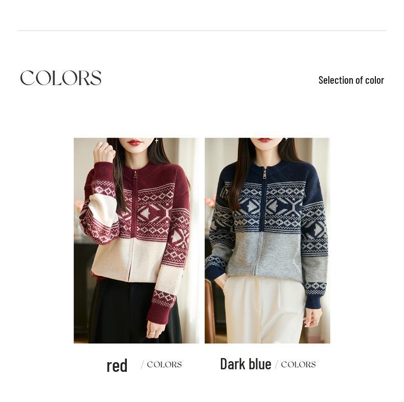 Autumn/Winter Fair Isle Color Block Jacquard Velvet Cardigan Sweater with Double Zipper