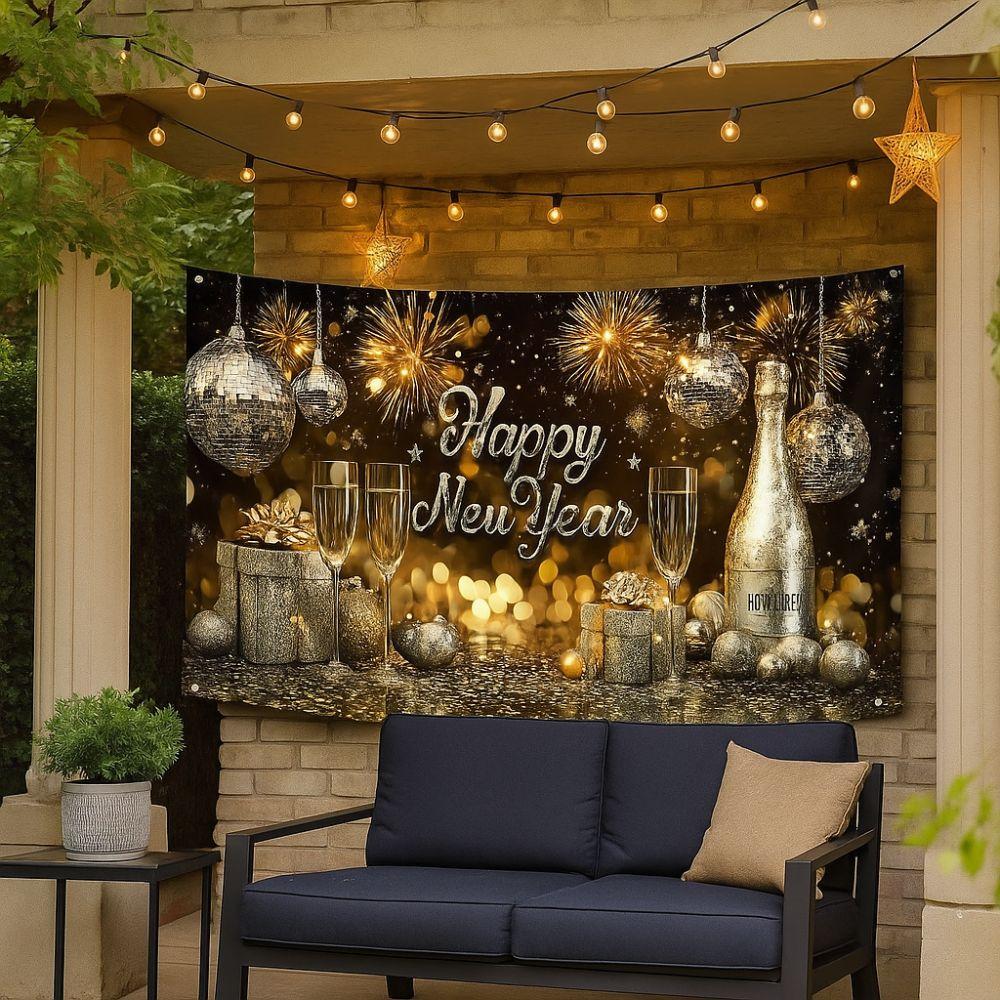 Black Gold 2026 New Year Banner Firework Balloons Photo Background Party Backdrop Photo Studio