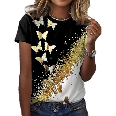 Nové tričko Butterfly Lady z roku 2023 3D kvetinová potlač s okrúhlym výstrihom Ležérny dizajn s výklenkom Zmyselné oblečenie Dámsky vzor Krásny krátky rukáv