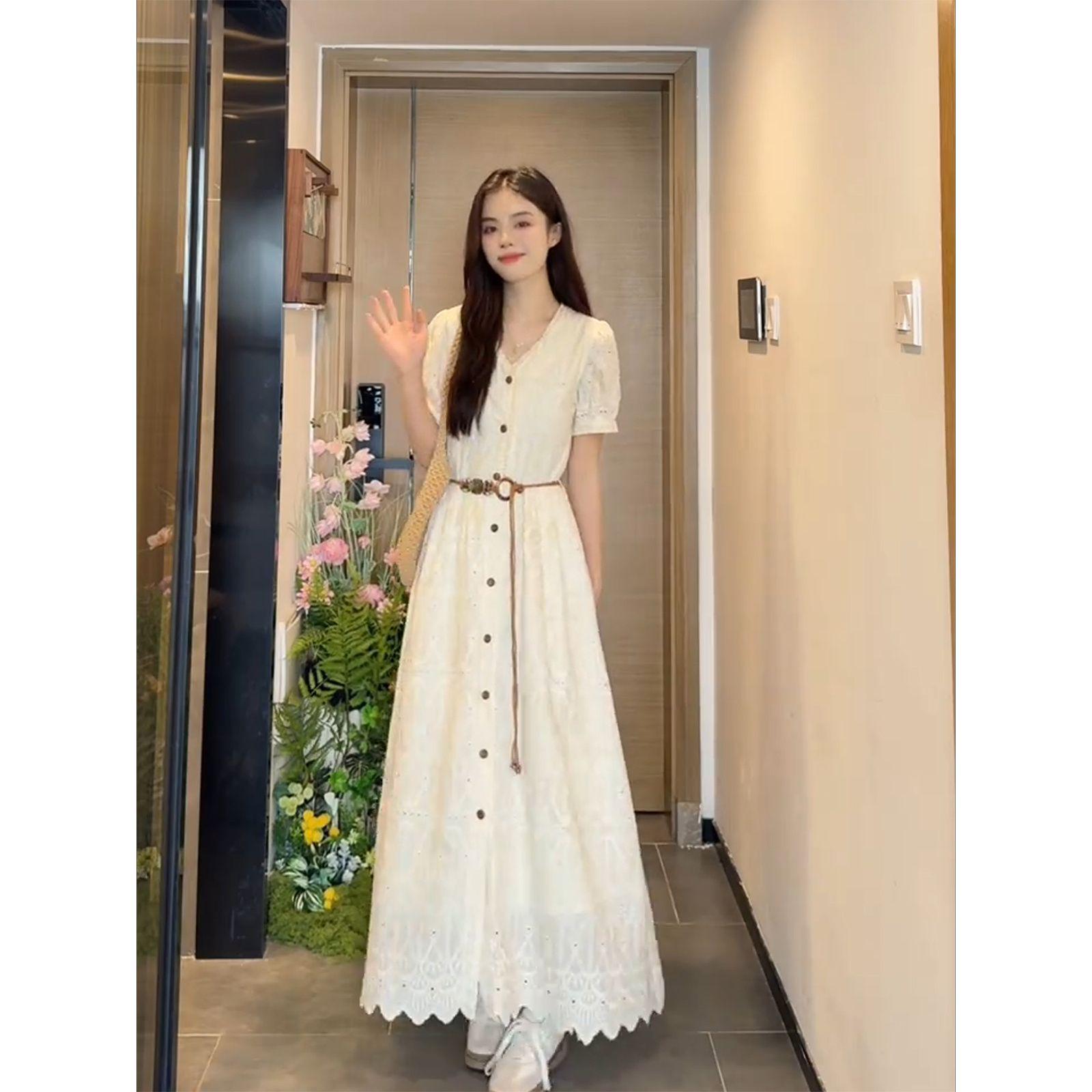 

Women s French Hollow V-neck Waist-Cinched Short-Sleeve Dress - Early Spring Collection 2026 S [Recommended 80-95 lbs]