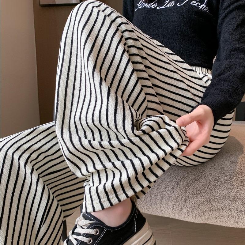 Spring new product towel striped straight casual pants high waist retro lazy style wide leg pants women's pants mopping pants