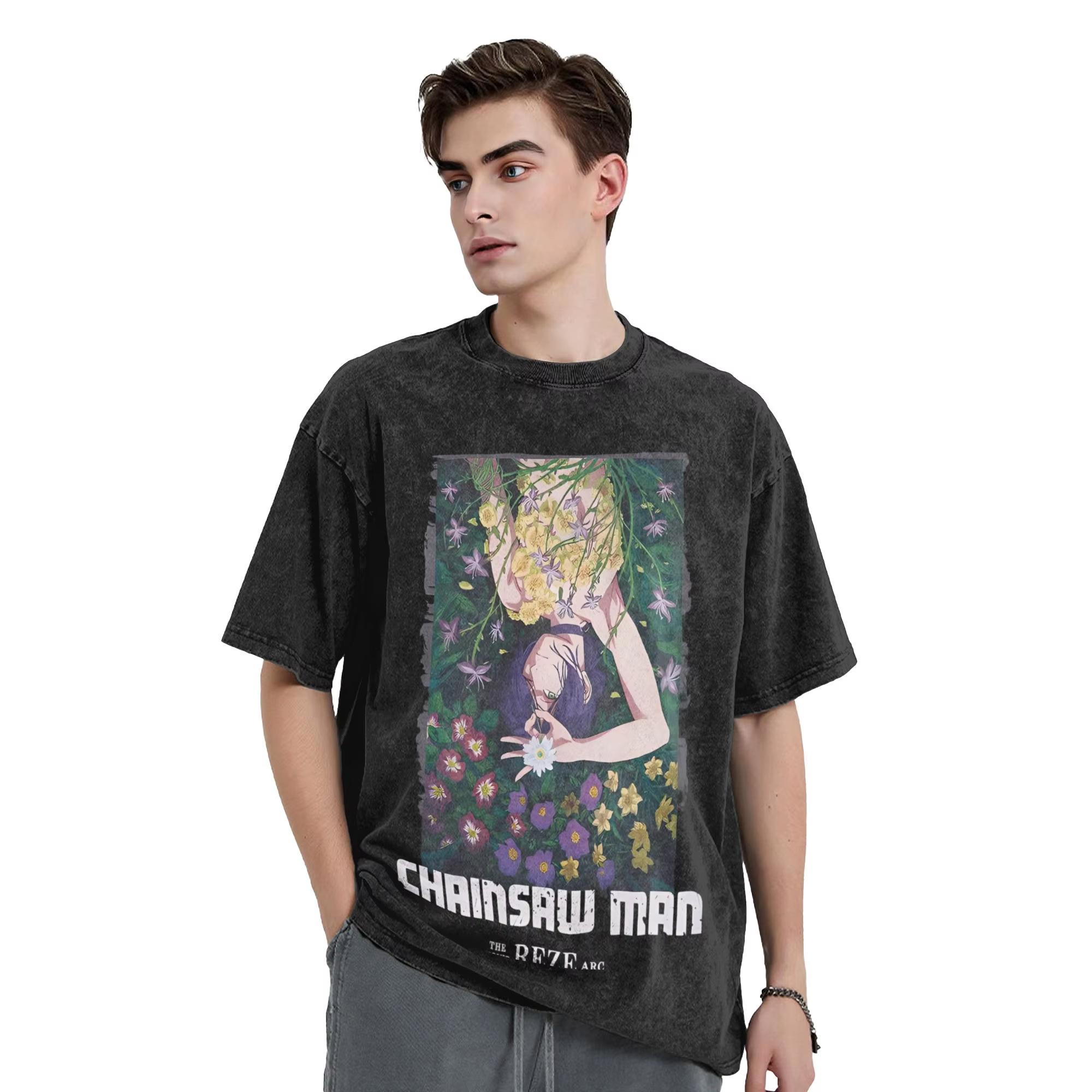 

2026 New Chainsaw Man Anime Graphic Quality T-Shirt Men and Women Cotton Vintage Washed Print Streetwear Sports Tops S разноцветный