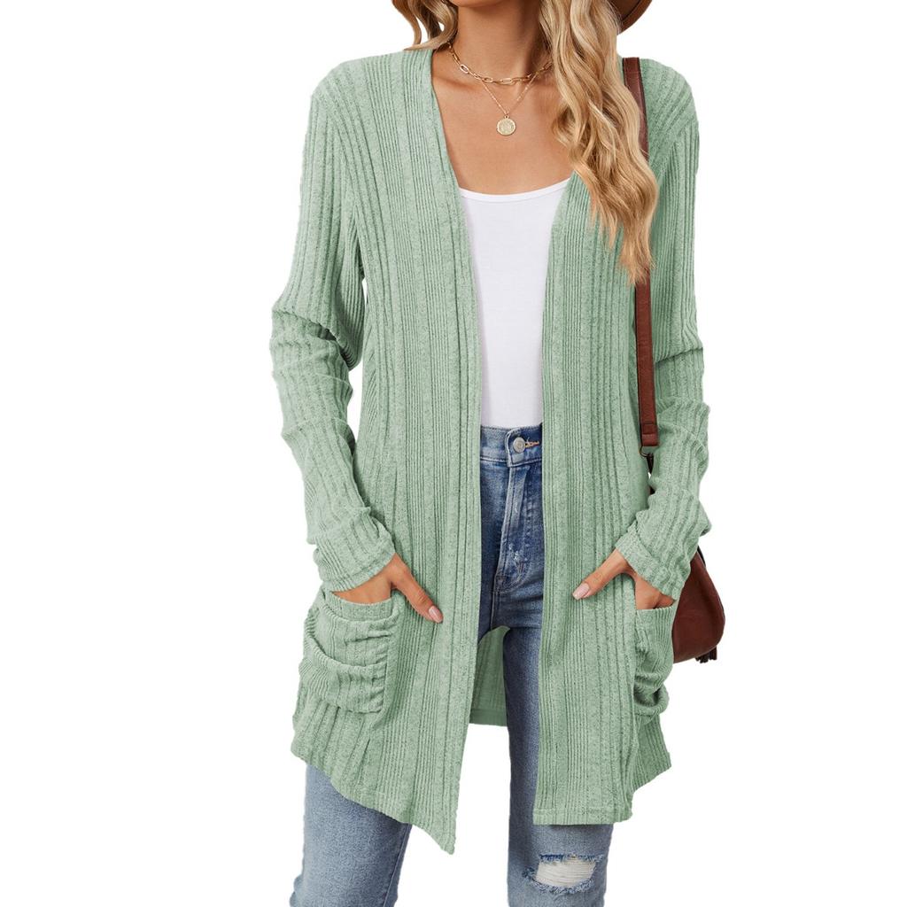 Fall Winter Women's Solid Color Ribbed Brushed Pocket Cardigan Long Sleeve Jacket, Leisure Foreign Trade for Europe America