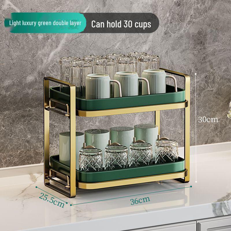 

Двухуровневая стойка для хранения чашек с поддоном для слива чашек и чайных сервизов double-layer gold frame + dark green plate
