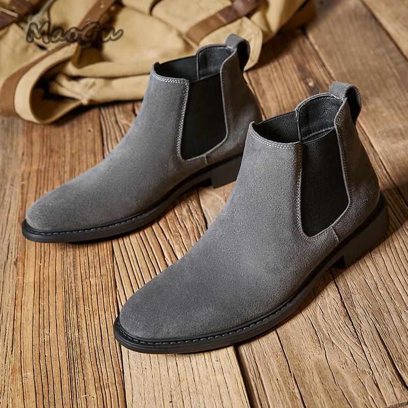 Fashion Suede Matte Chelsea Boots for Men High Top Leather Slip-on British Style Short Boots Elegant Spring Autumn Botas Para Hombre