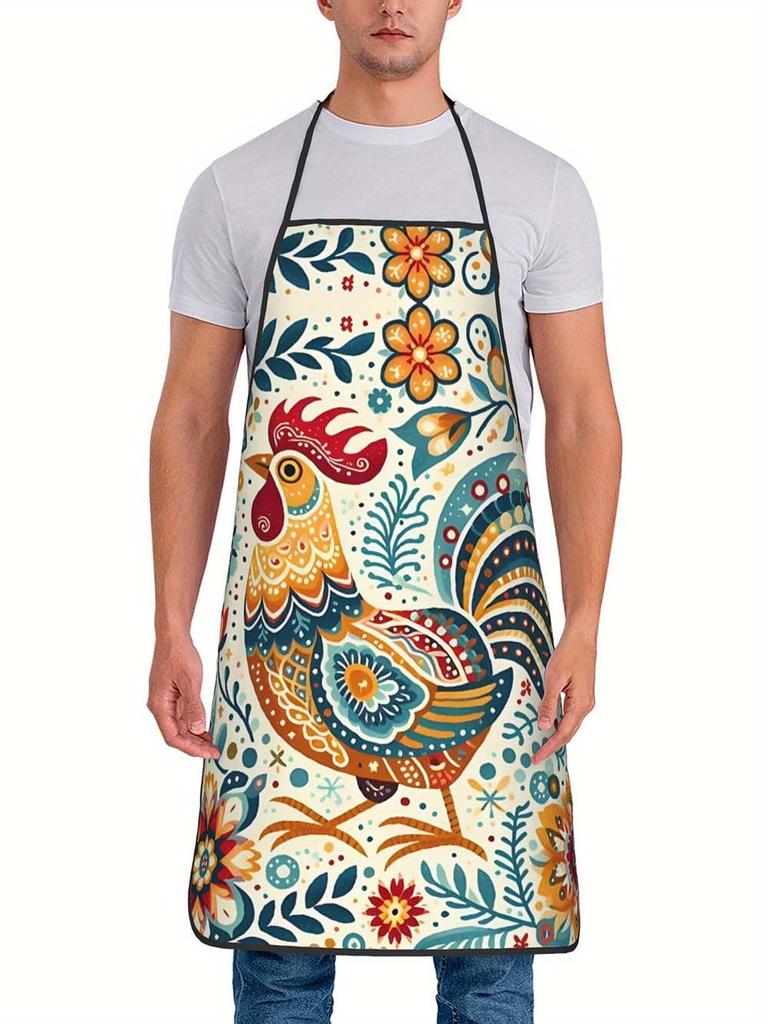 1pc Folk Art Rooster Kitchen Apron, Vintage Bohemian Cooking Apron for Home Chef BBQ Baking