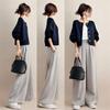 [YUANYUAN] Women's 2-Piece Set: Short Jacket & Wide Pants, Pantsuit, Summer Outfit, Round Neck, Long Sleeves, Single Button, Casual, Relaxed Fit, Figu
