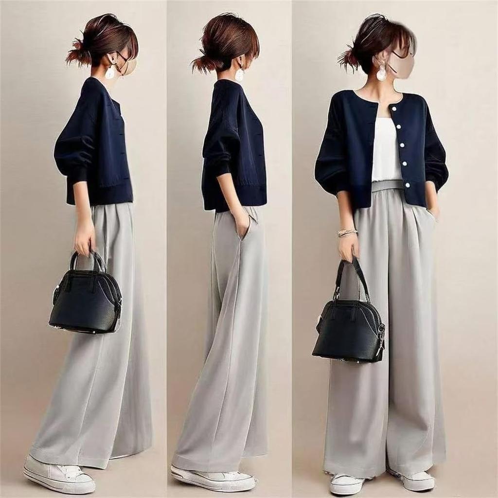 [YUANYUAN] Women's 2-Piece Set: Short Jacket & Wide Pants, Pantsuit, Summer Outfit, Round Neck, Long Sleeves, Single Button, Casual, Relaxed Fit, Figu