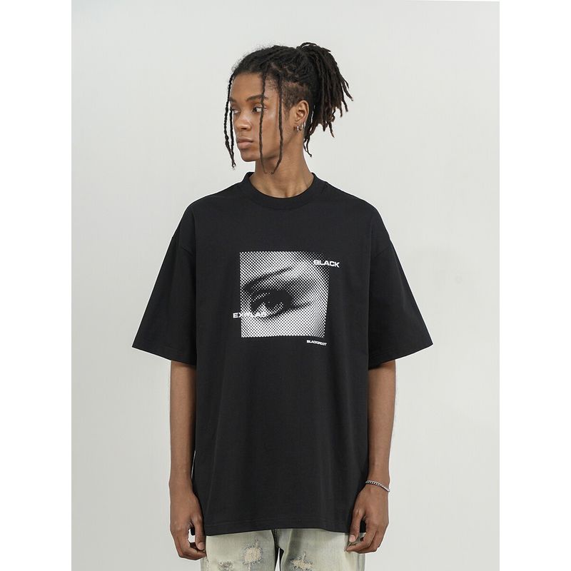 Black of Exit High Street Dark Abstract Print Loose Short-Sleeved T-Shirt for Men and Women, National Trend Niche Design Tee