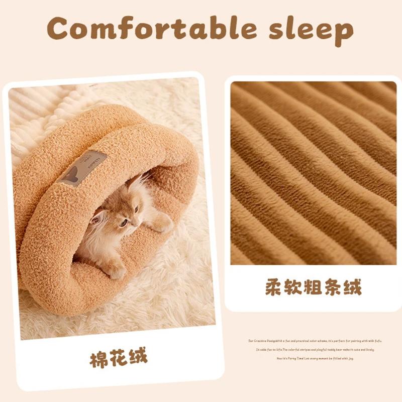 Winter Katzen Schlafsack Halbgeschlossenes Katzen Nest Wärmekissen Weicher Plüsch Wärmer Gemütliche Betten Zubehör für Kleine Kätzchen Hunde 3-6KG
