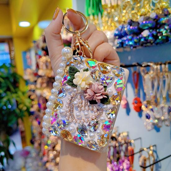 מחזיק מפתחות מראה עם אבני חן Bling מראה איפור מתקפלת תליון למחזיק מפתחות צמיד חרוזים לתיק מפתחות רכב ארנק תיק גב אביזרים