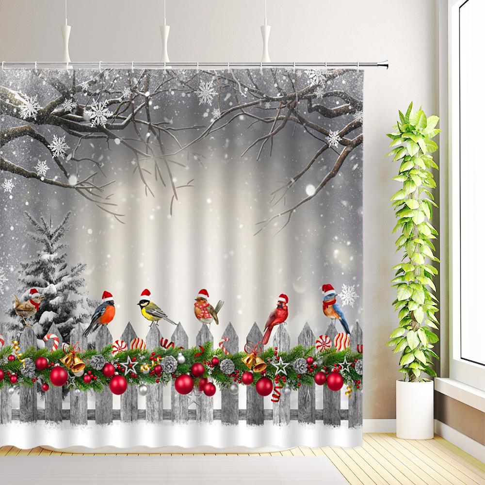 Christmas Shower Curtain Red Vintage Truck Snowman Xmas Tree Winter Forest Birds New Year Rustic Retro Farmhouse Bathroom Decor