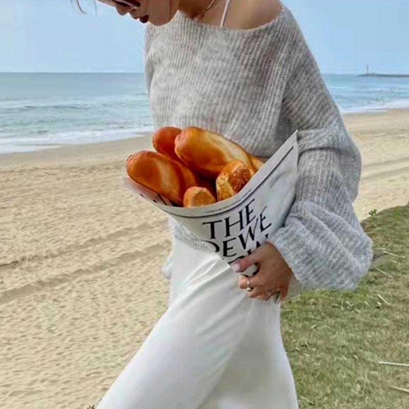 Womens Minimalist Crochet Knit Top Spring Shoulder Cutout Loose Fit Versatile Blouse