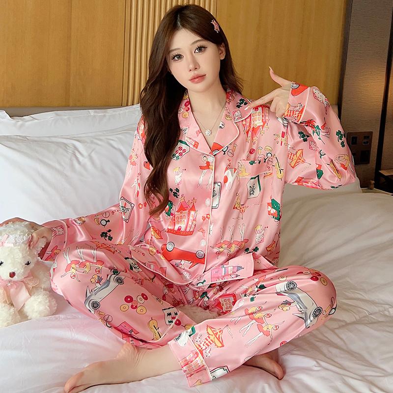 Pyjama Set met Luipaardprint voor Dames Idyllische Stijl Lange Mouw Broek Vrouw Lounge Herfst Winter Cartoon Nachtkleding