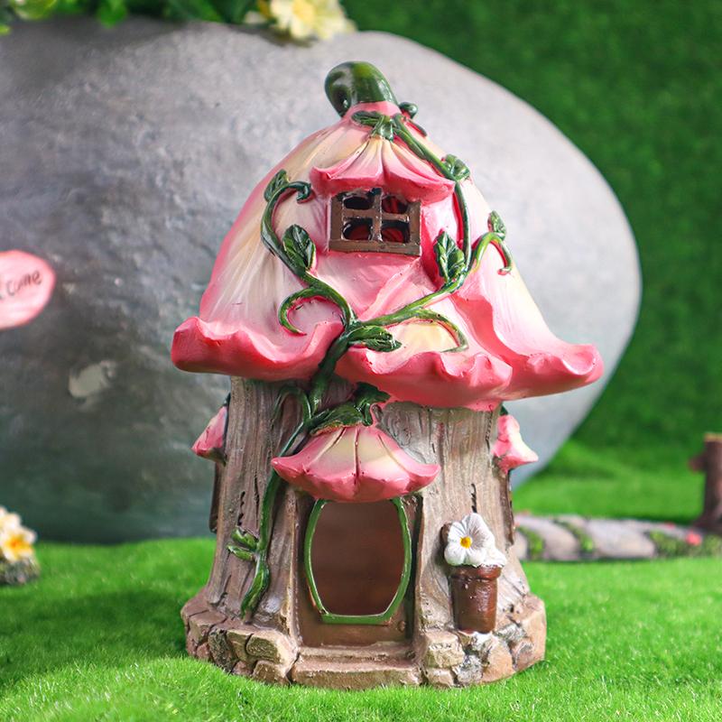 Creative Mushroom House & Flower House Ornaments Solar-Powered Garden Figurines, Yard Landscape Decor, Resin Handicrafts