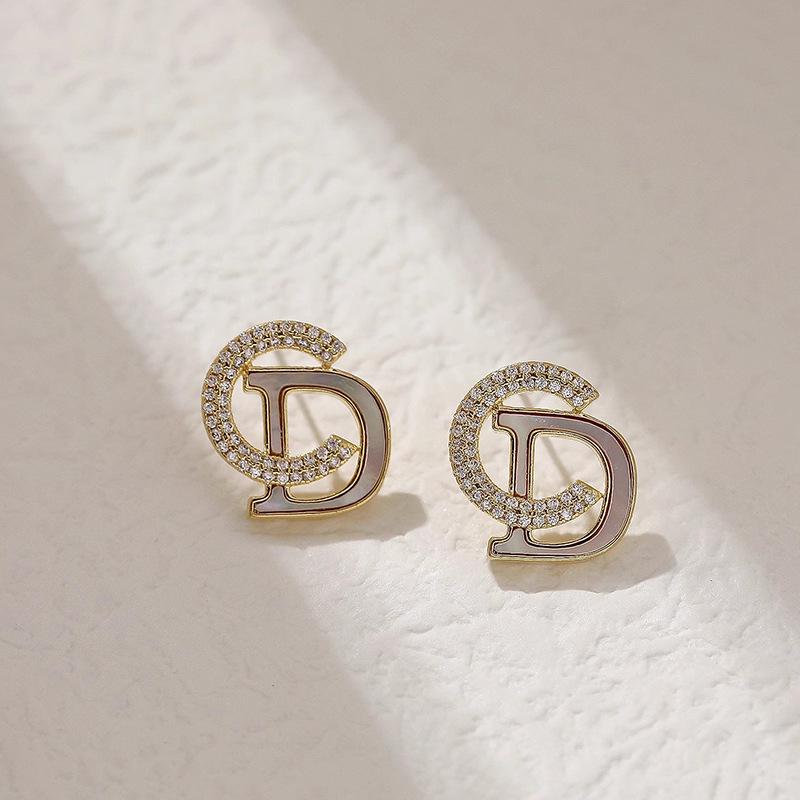 Kolczyki S925 Srebro Perła & Diament Litery - Koreańska Moda Wszechstronne Wkrętki & Wiszące