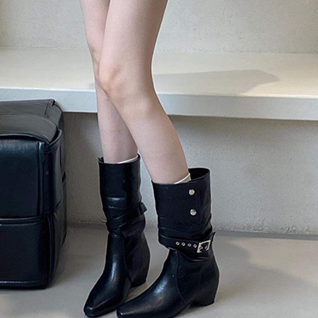 Pointed boots short boots women's new autumn and winter women's boots inner height increase thin boots suede pleated pile short boots