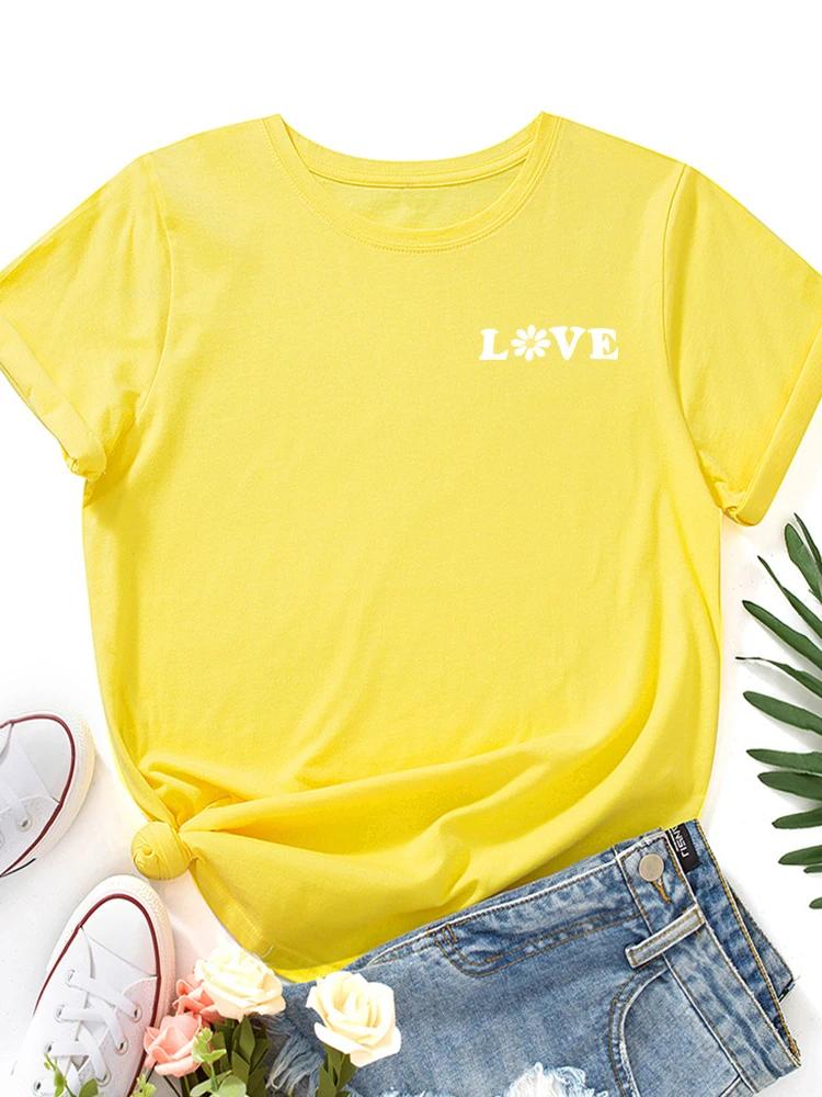 Brust Kleiner Gänseblümchen Liebesbrief Druck Damen T-Shirt Kurzarm O-Ausschnitt Locker Damen T-Shirt Damen T-Shirt Tops Camisetas Mujer