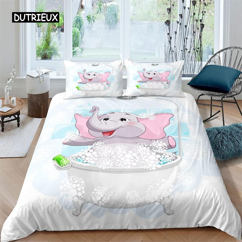 Cute Elephant Duvet Cover Set 2/3 Piece Cartoon Animal Bedding Set 3D Floral Comforter Cover Twin Full King For Boys Girls Gift