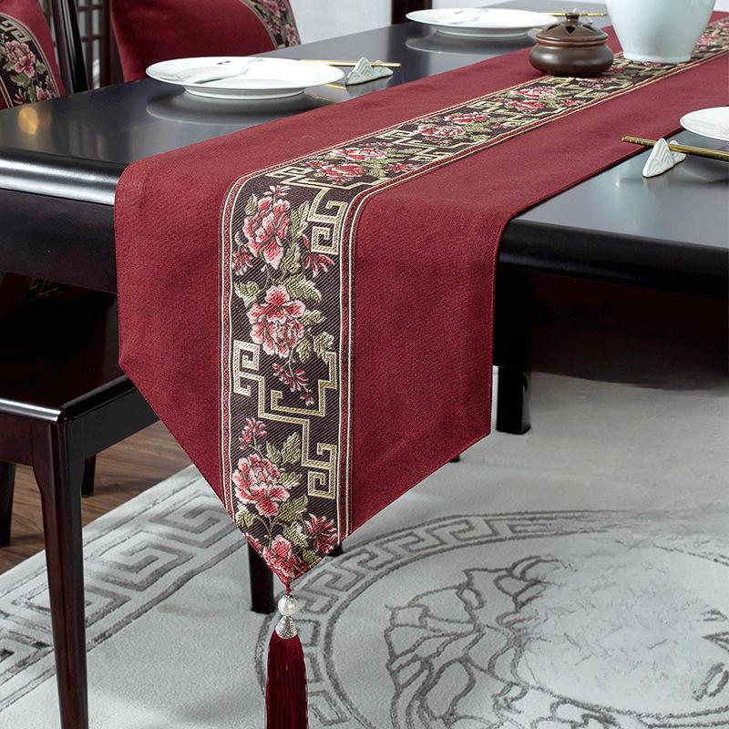 New Chinese Style Retro Table Flag Jacquard Fringed Knitting Table Flag  High-end Table Cloth and Tea Table Cloth Table Runner
