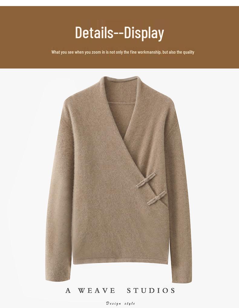 Chinese Style V-Neck Wool Sweater with Frog Buttons