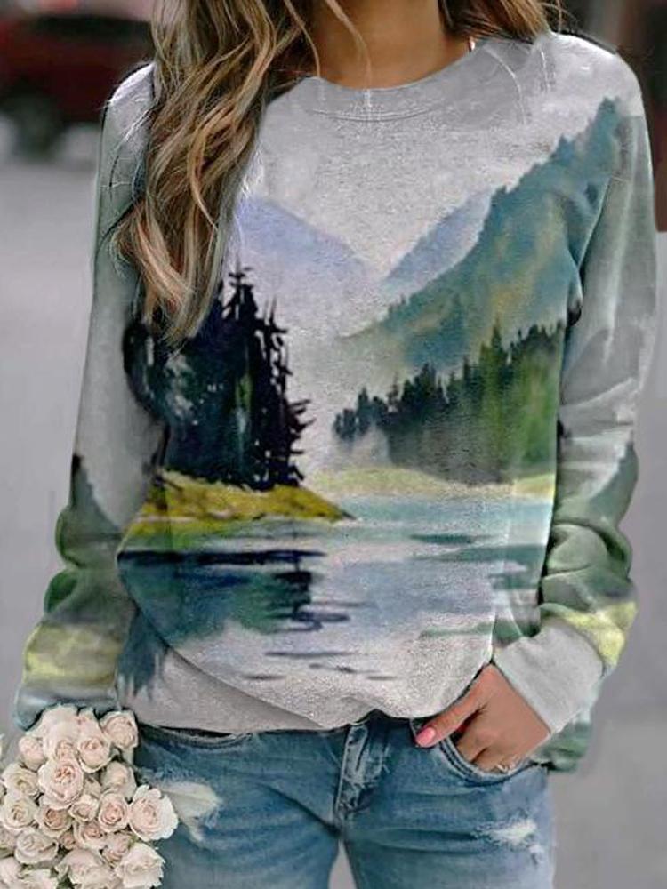 mountain printed crew neck casual sweatshirt