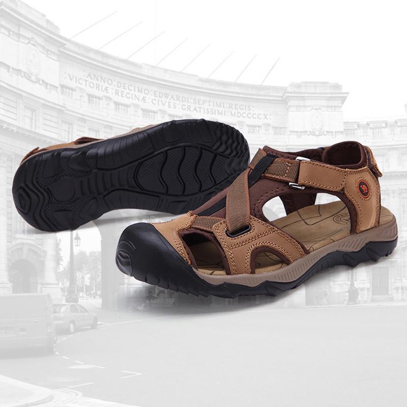 2017 ny stil herr sandaler tofflor äkta läder kohud manliga platta sandaler Halkfria läder sommarskor x1368 35