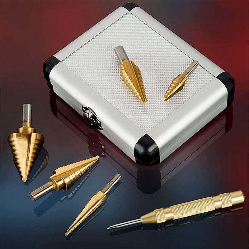 A60Z6 Pcs Step Drill Bit Set Titanium HSS Unibit Drill Bits From 1/8 Inch To 1-3/8 Inch Stepped Up Bits & Center Punchmay
