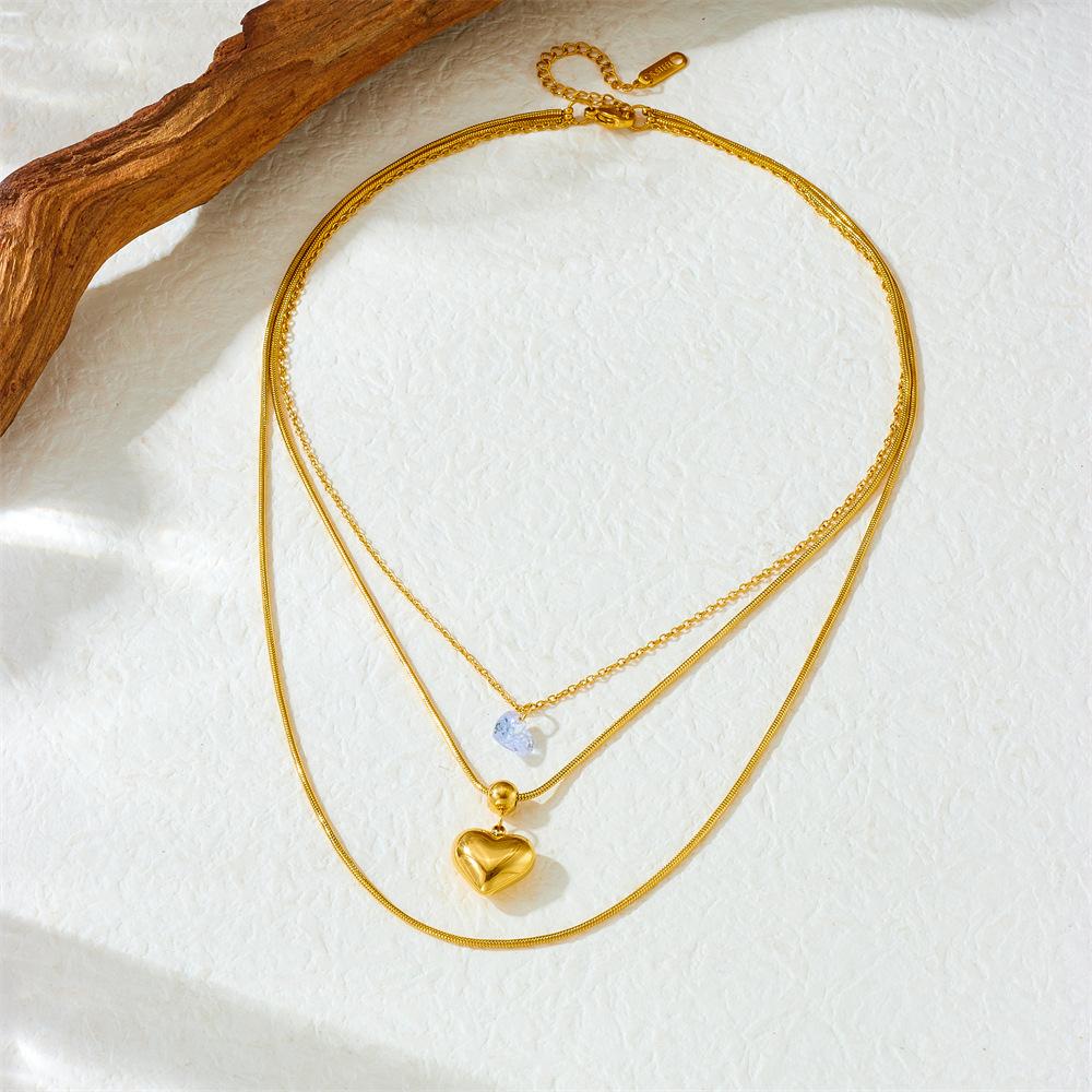 Stainless Steel Double Layer Heart Necklace Snake Chain Crystal Pendant Hypoallergenic Y2K Jewelry