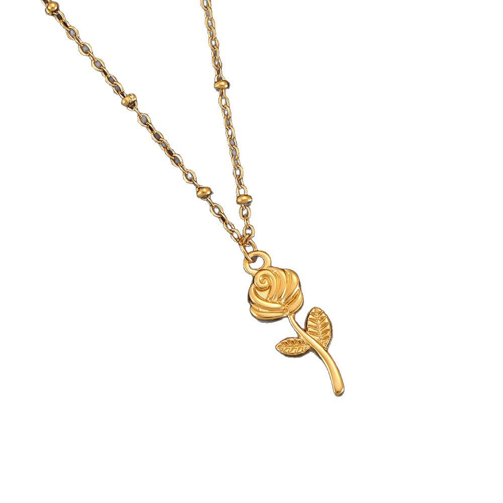 18K Gold Rose Flower Pendant Necklace - Stainless Steel Titanium, Colorfast, High-End Women's Accessory