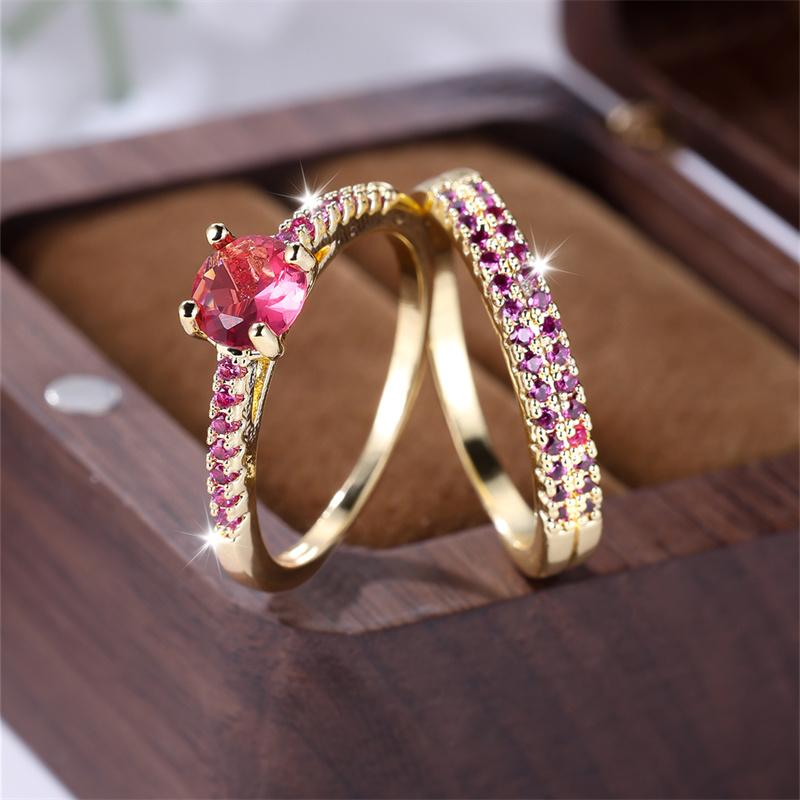 Luxury Rose Red Blue Purple Green Stone Wedding Bands Antique Gold Color Couple Engagement Ring Sets For Women Mothers Day Gifts