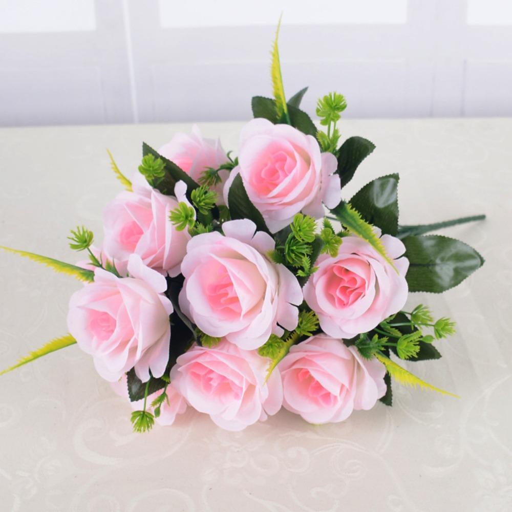 Plastic Valentine s Day Natural Flower 12 Heads Fake Rose Flowers Bouquet  Home Decorative розовый/белый