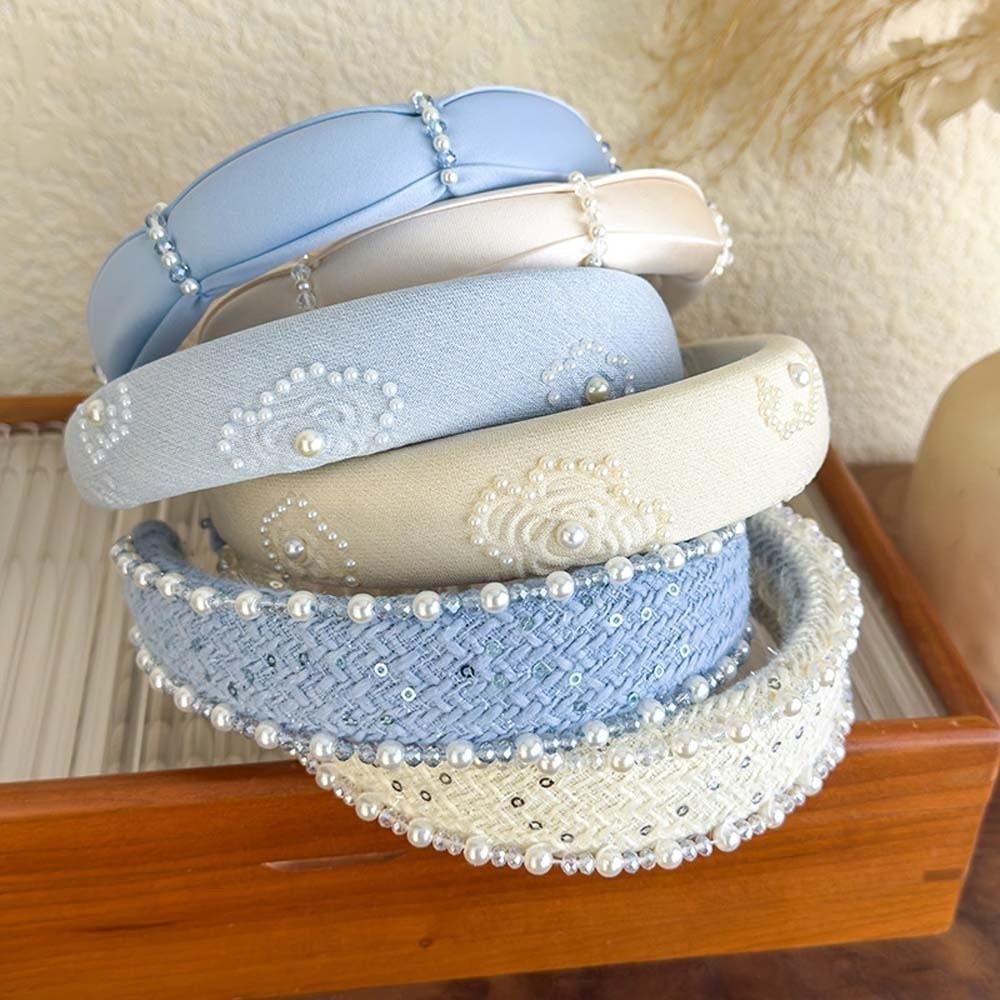 French Style Pearls Cloth Hair Hoop Rose Print Beige Blue Hair Band Beads Crystal Headband  Outdoor