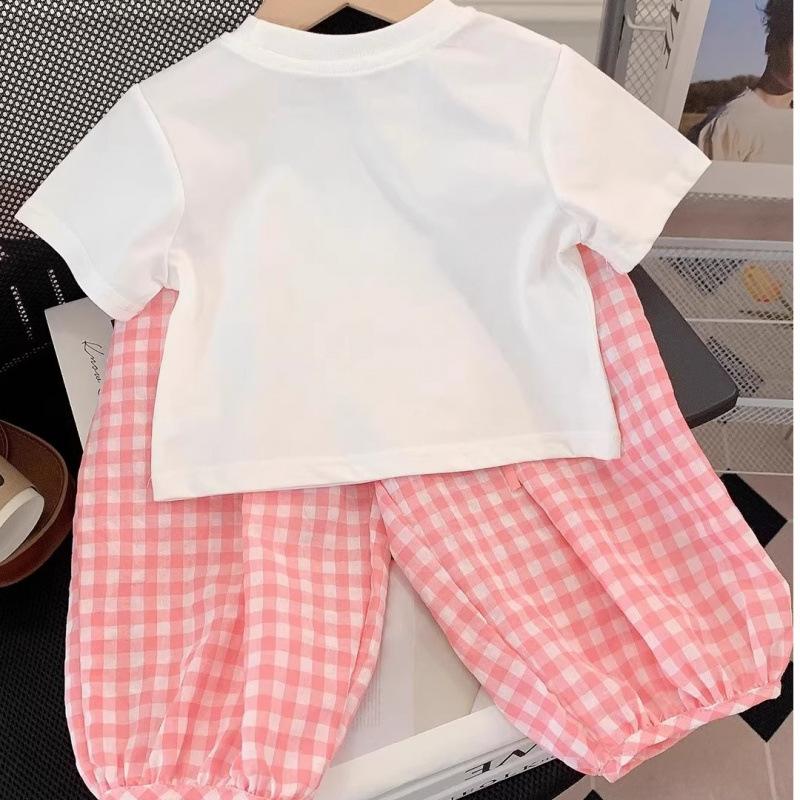 Girls Summer Casual 2 Piece Set Short Sleeve T Shirt And Plaid Pants Kids Sportswear Outfit